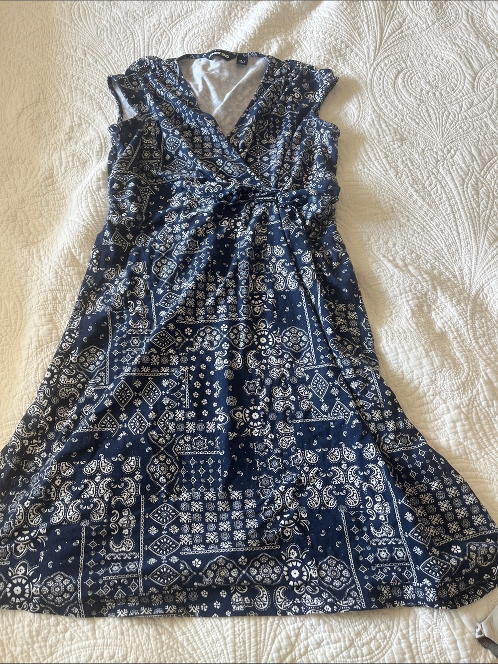 Lands' End Navy and White Printed Wrap-Style Midi Dress